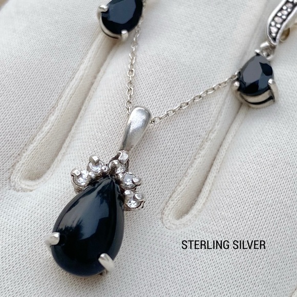 Black Onyx Sterling Silver Post Earrings & Necklace Pendant Set - Vintage - Picture 12 of 14